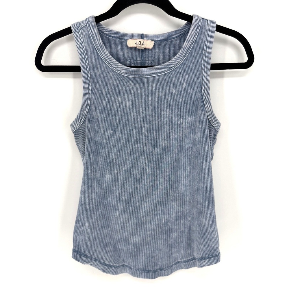 J.O.A. Tank Top Acid Wash Ribbed Large Blue Sleeveless Crew Neck Curved Hem Slim